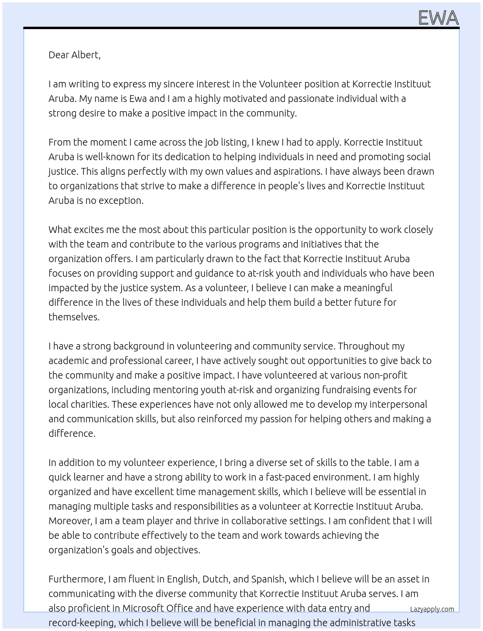 Volunteer  At Korrectie Instituut Aruba Cover Letter