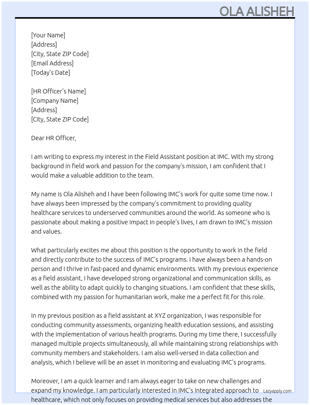 Field Assistant At IMC Cover Letter