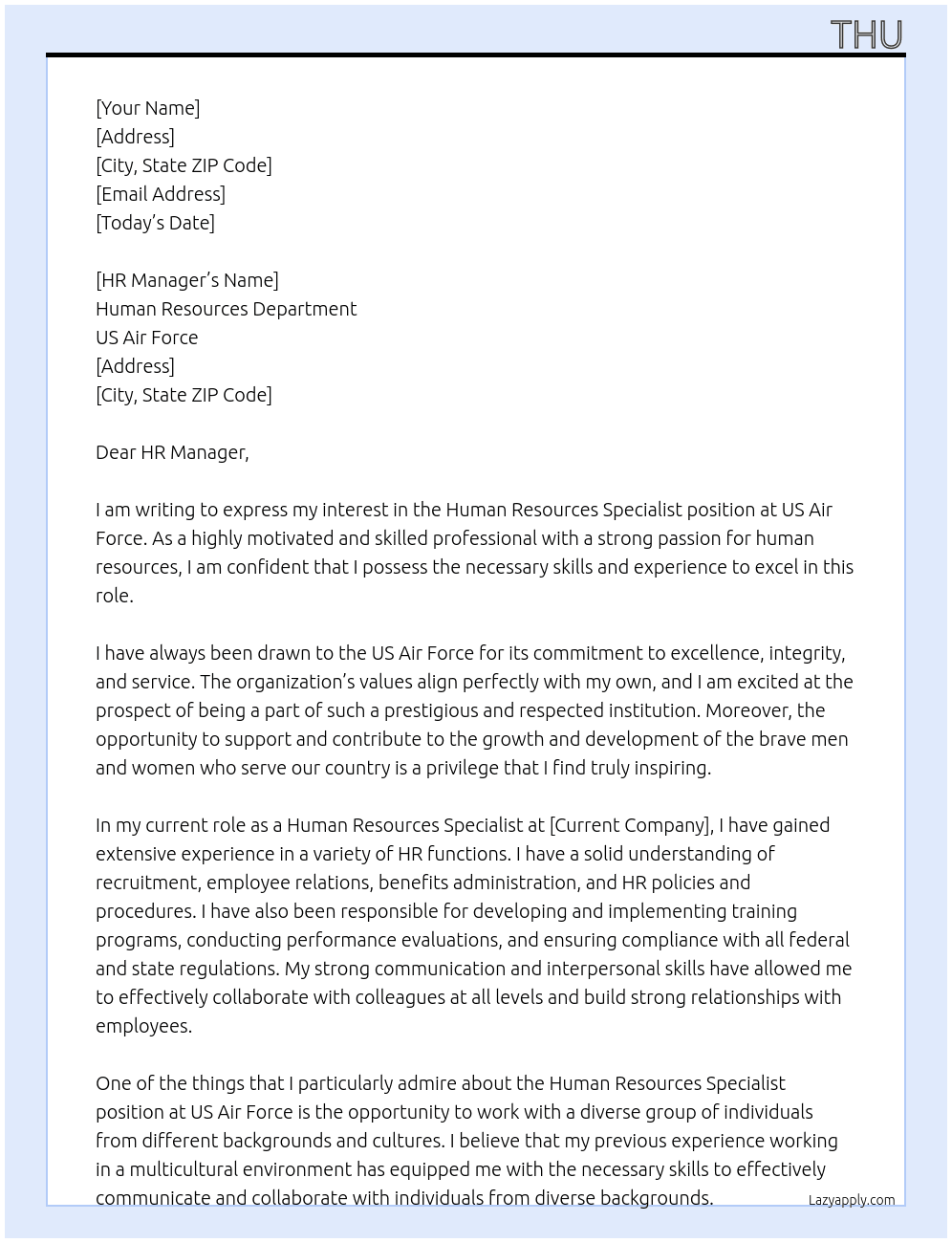 Human Resources Specialist At US Air Force Cover Letter