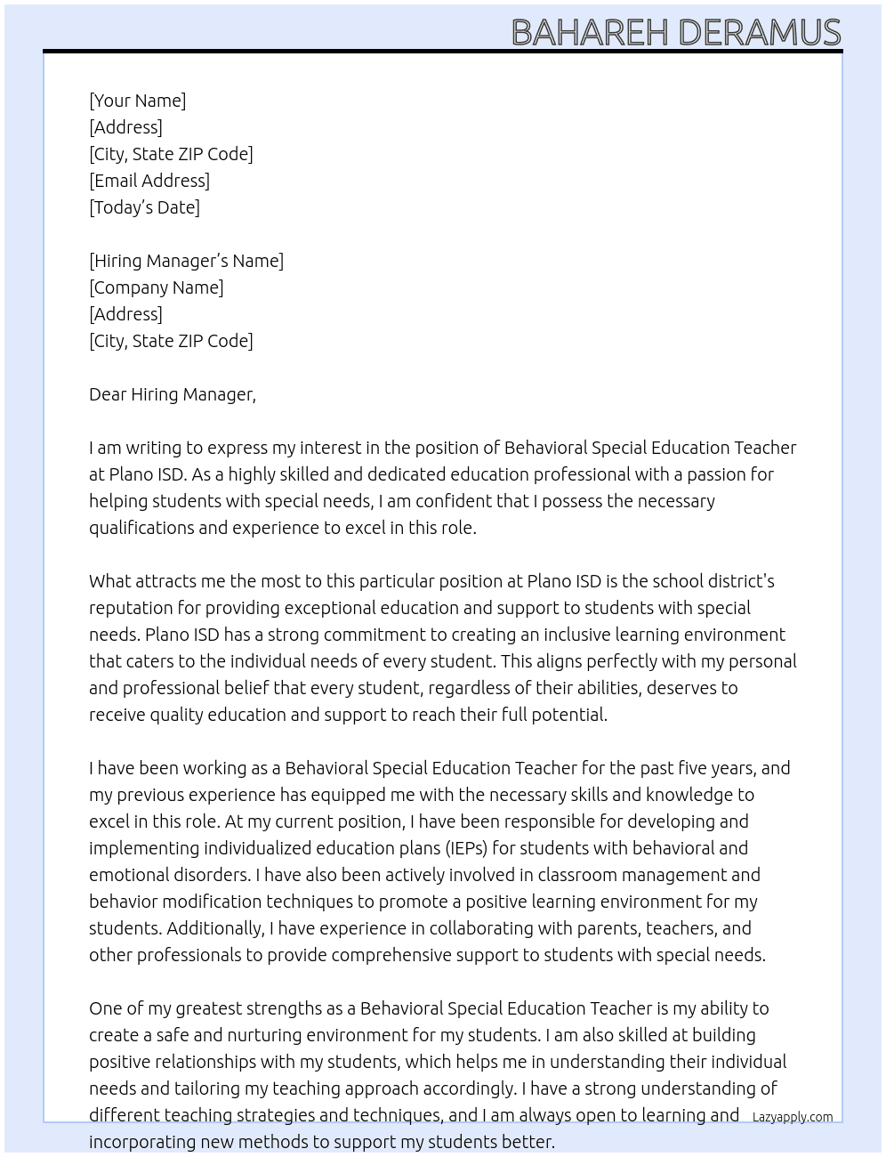 Behavioral Special Education Teacher At Plano ISD Cover Letter