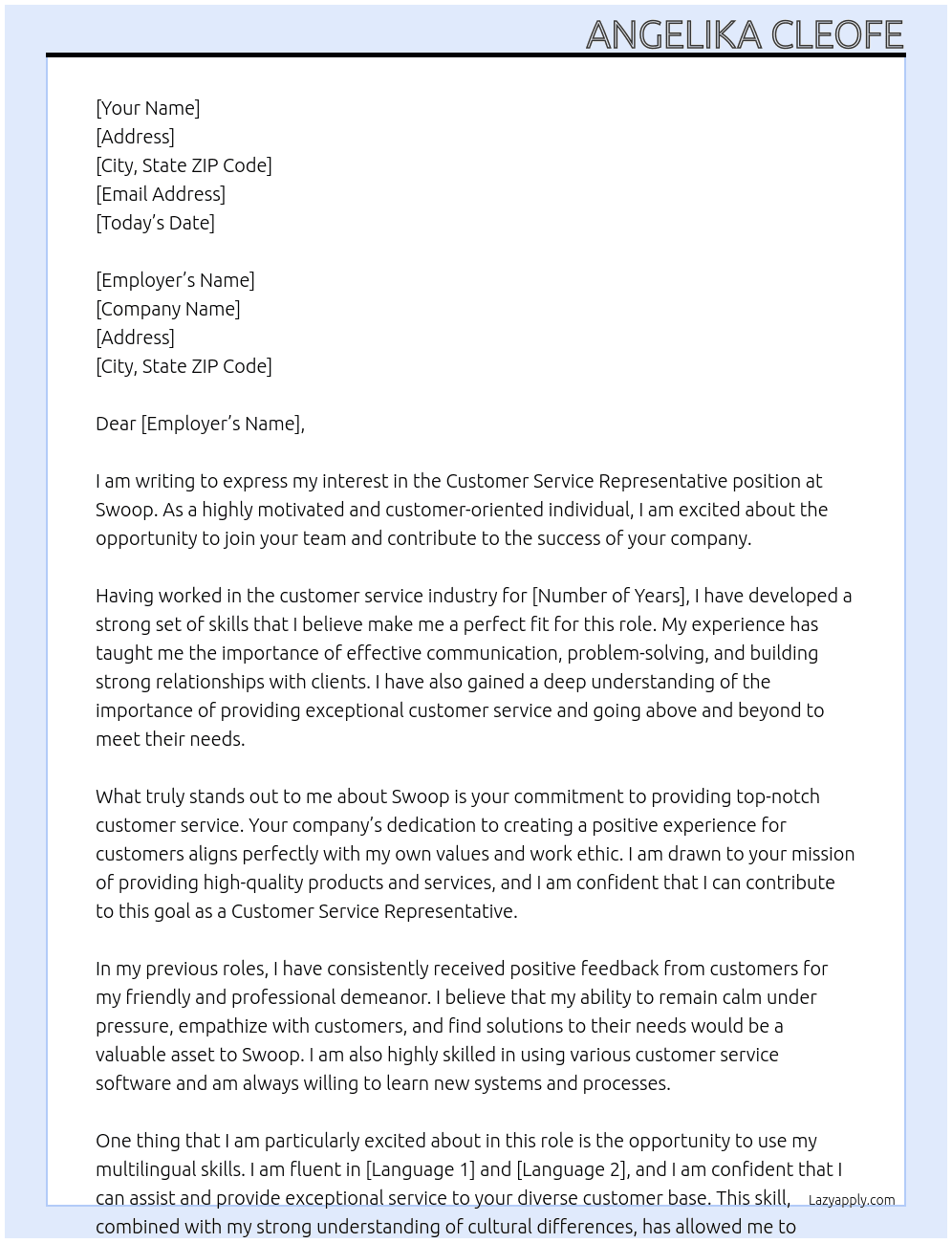 Customer Service Representative At Swoop Cover Letter