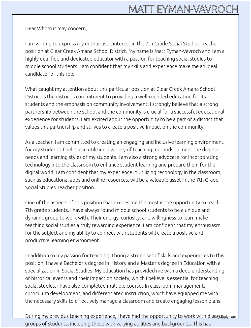 7th Grade Social Studies Teacher At Clear Creek Amana School District Cover Letter