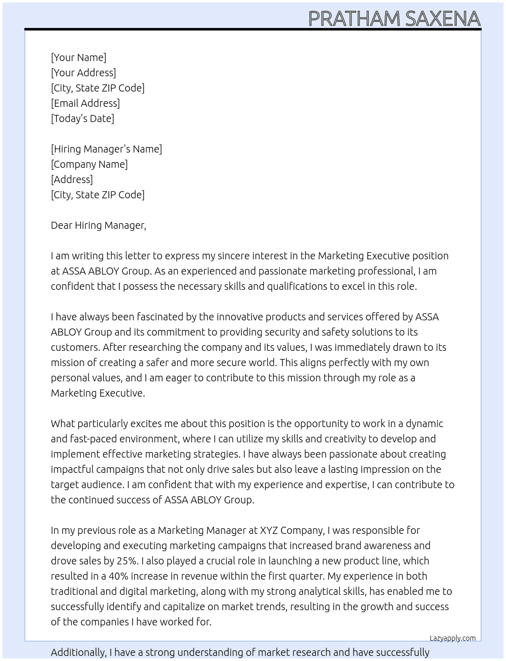 Marketing Executive  At ASSA ABLOY Group  Cover Letter