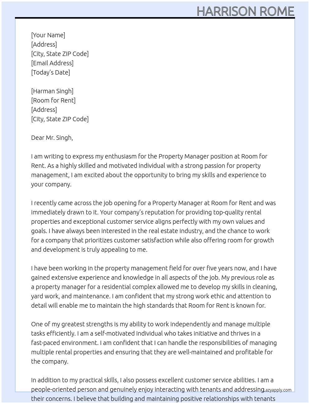Property Manager At Room for Rent Cover Letter