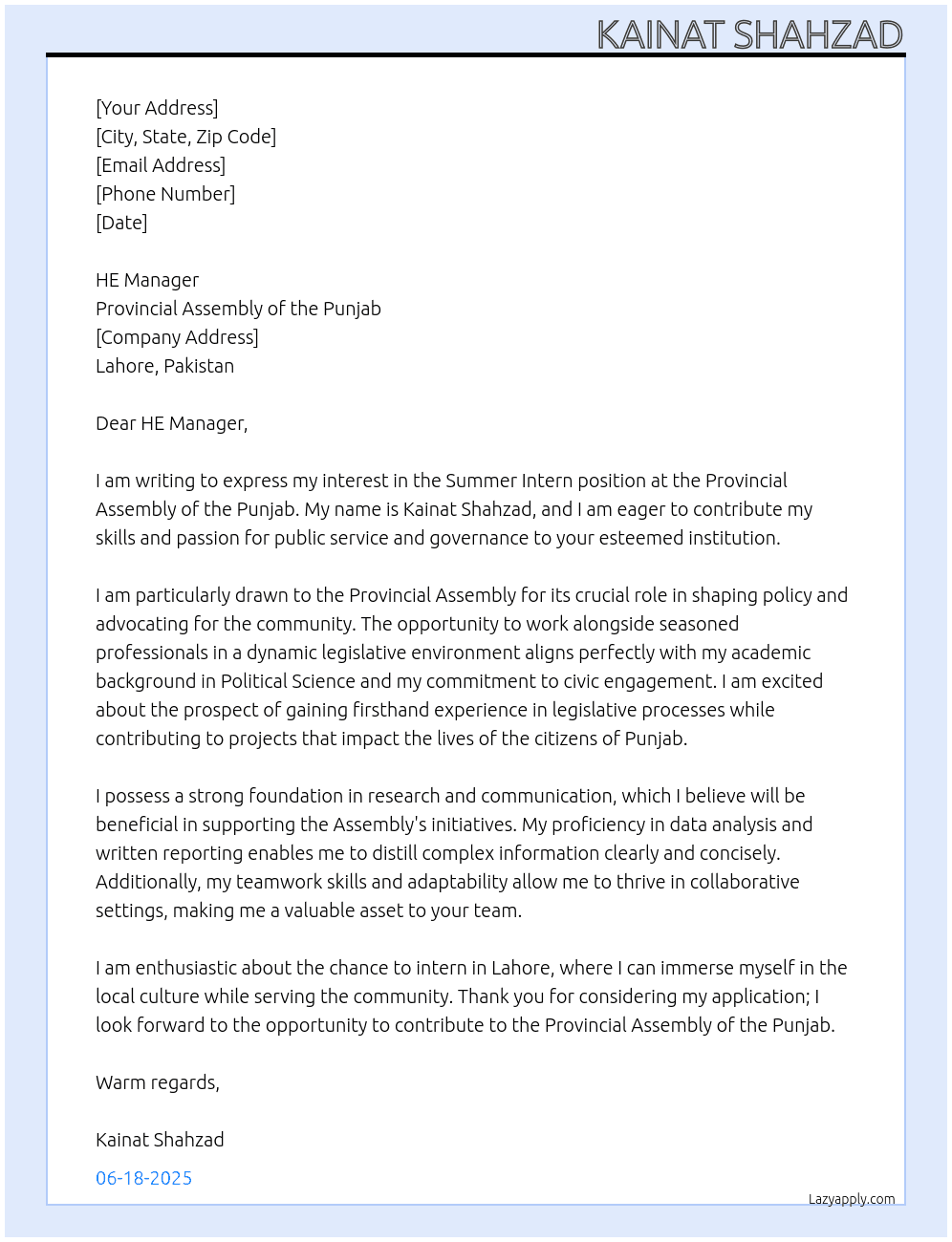 Summer Intern At Provincial Assembly of the Punjab Cover Letter