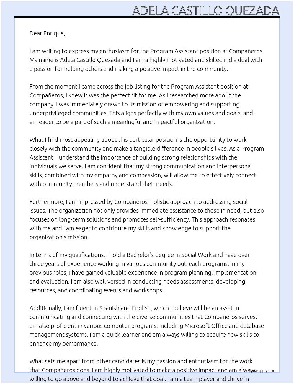 Program Assistant  At Compañeros Cover Letter