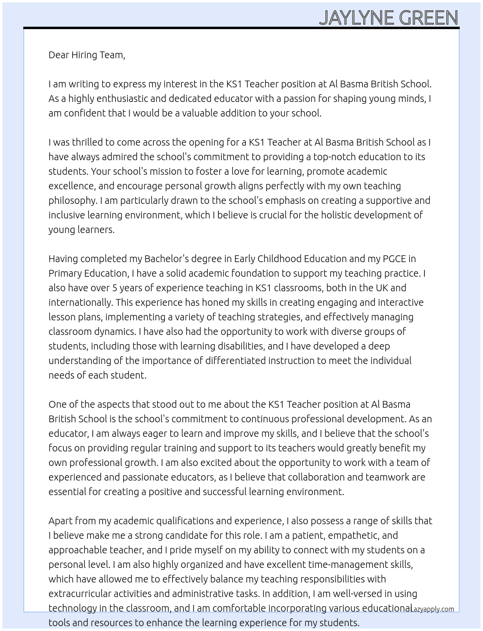 KS1 Teacher  At Al Basma British School Cover Letter