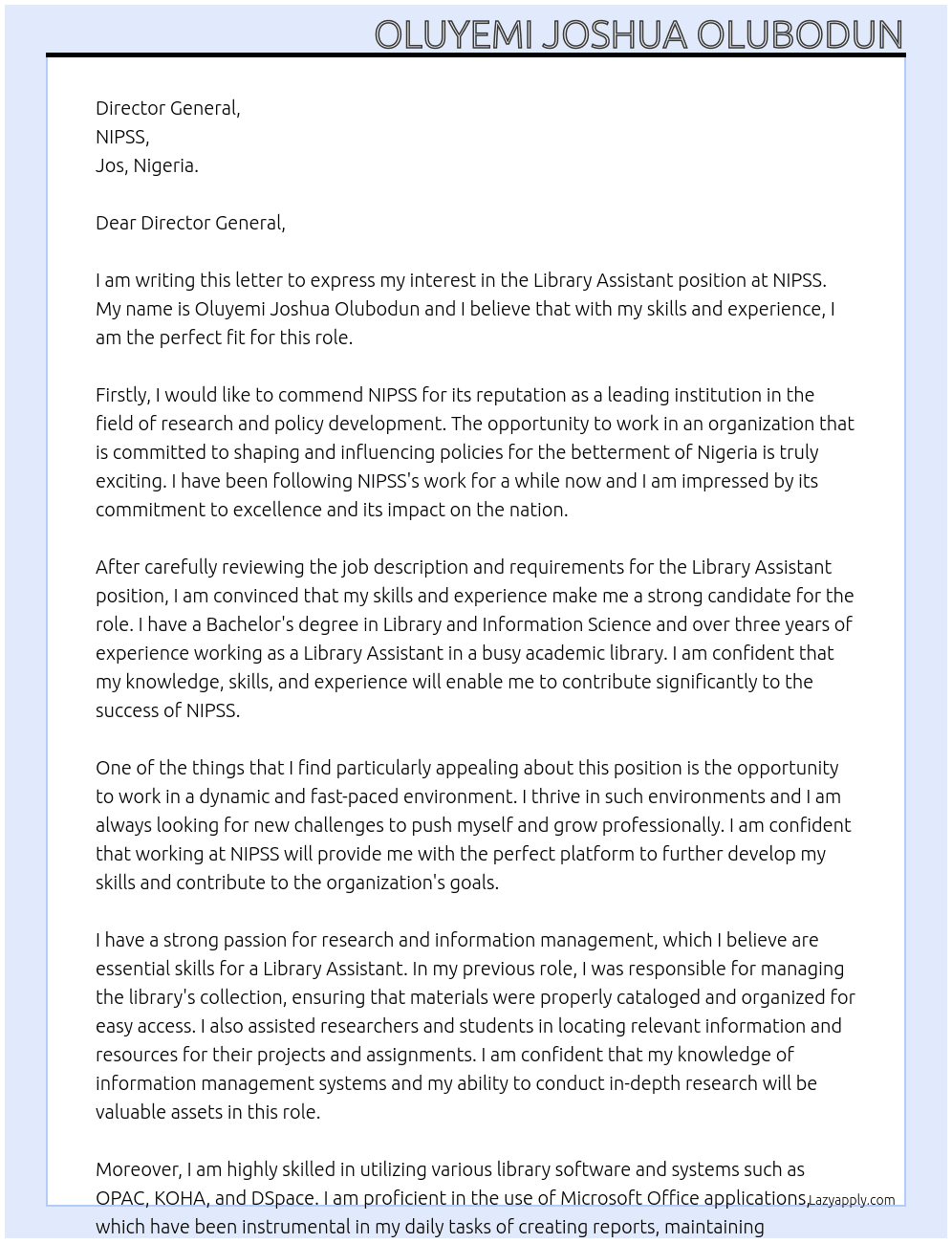 Library Assistant At NIPSS Cover Letter