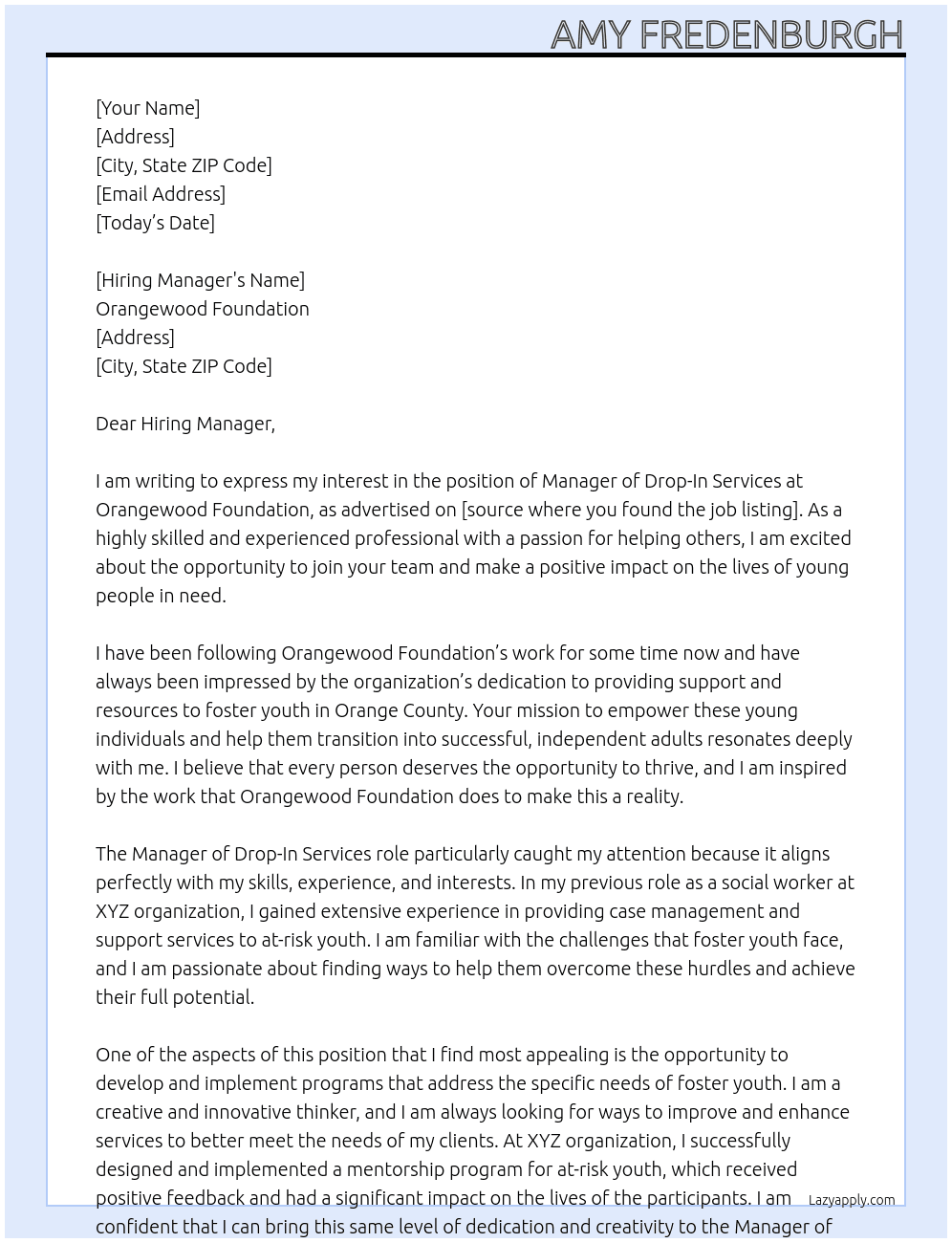 Manager of Drop-In Services  At Orangewood Foundation  Cover Letter