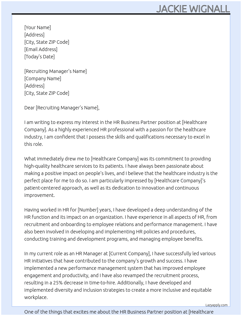 HR Business Partner At Healthcare company Cover Letter