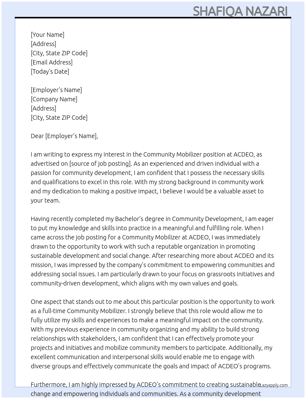 community mobilizer  At ACDEO Cover Letter