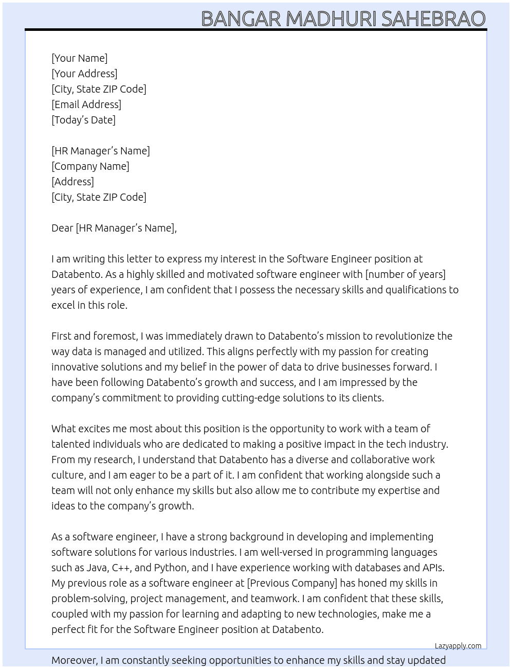 software engineer  At Databento Cover Letter