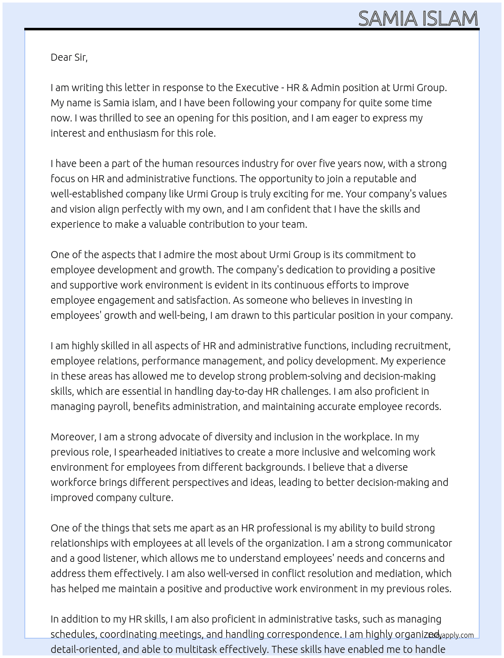  Executive - HR & Admin At Urmi Group Cover Letter