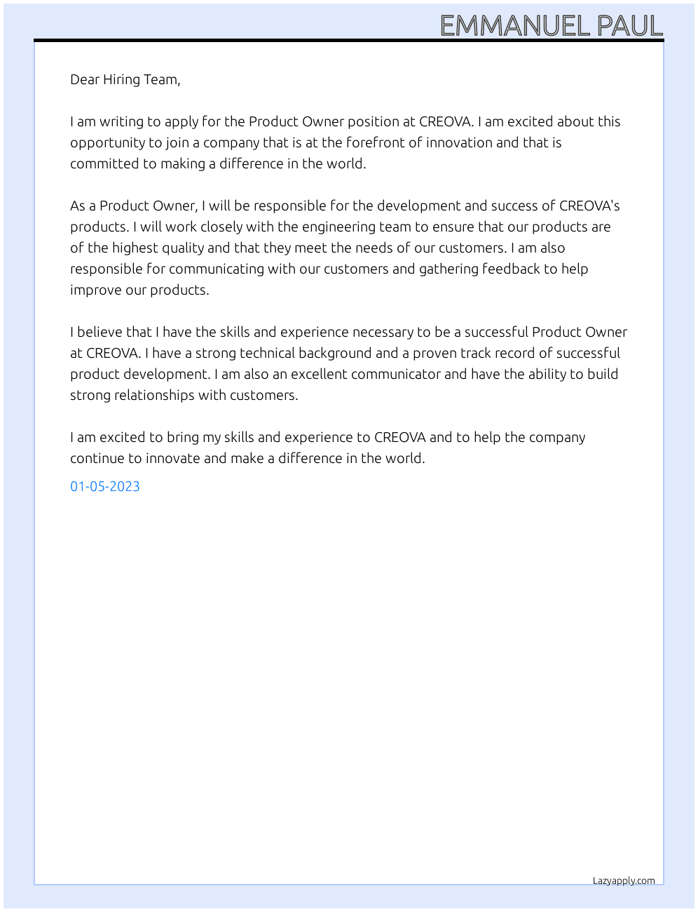 Product Owner  At CREOVA Cover Letter