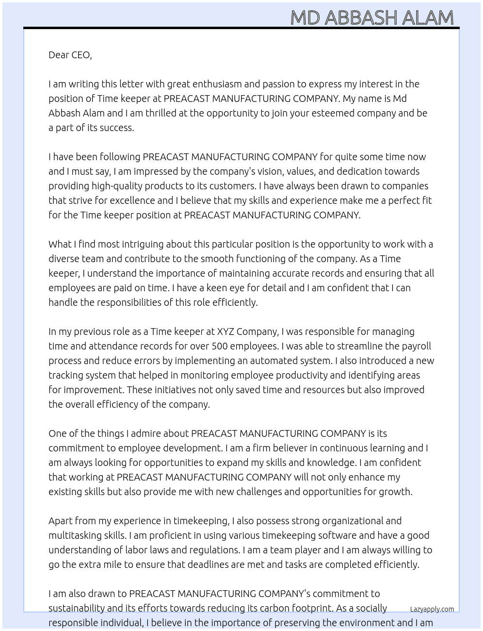 Time keeper  At PREACAST MANUFACTURING COMPANY  Cover Letter