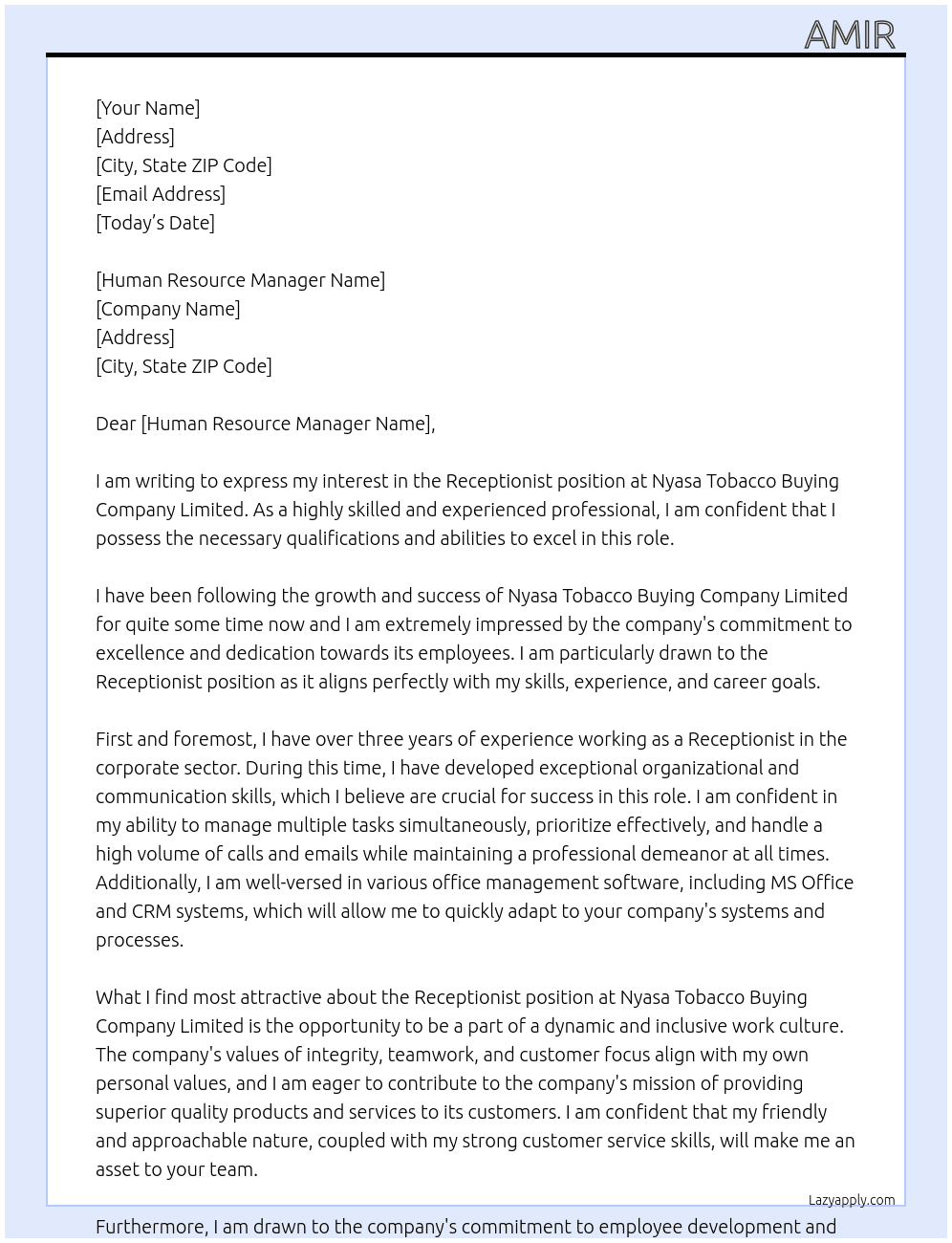 Receptionist  At Nyasa Tobacco Buying Company Limited Cover Letter
