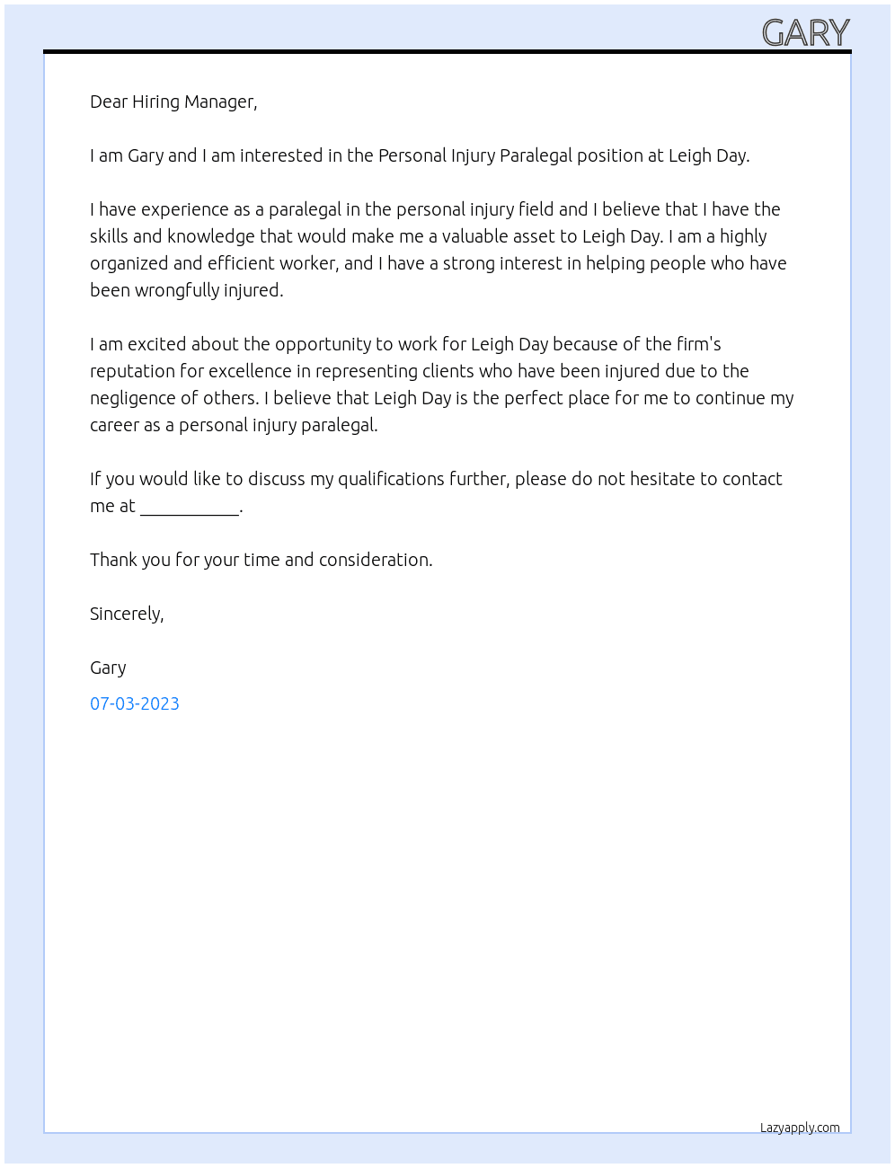 Personal Injury Paralegal At Leigh Day Cover Letter