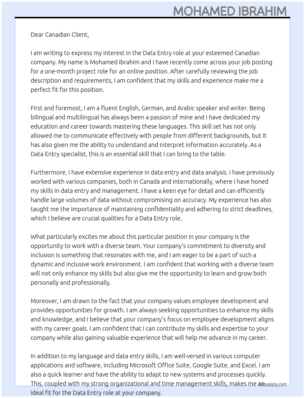Data Entry  At Canadian company  Cover Letter