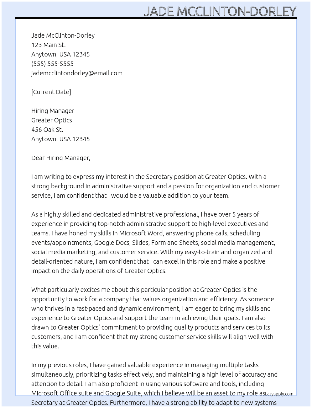 Secretary  At Greater Optics Cover Letter