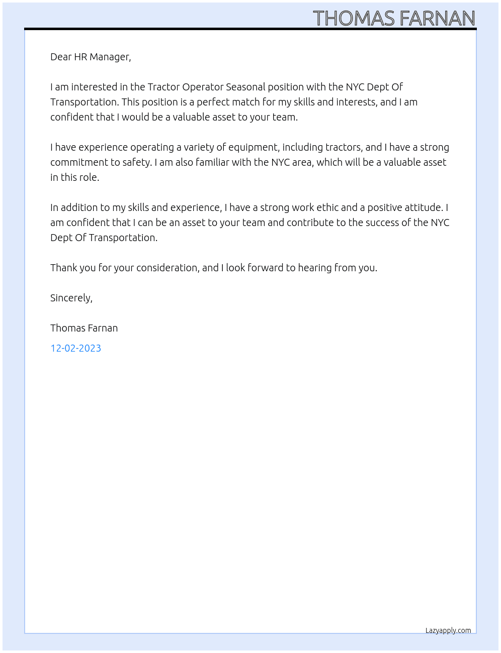 Tractor Operator Seasonal  At NYC Dept Of Transportation Cover Letter