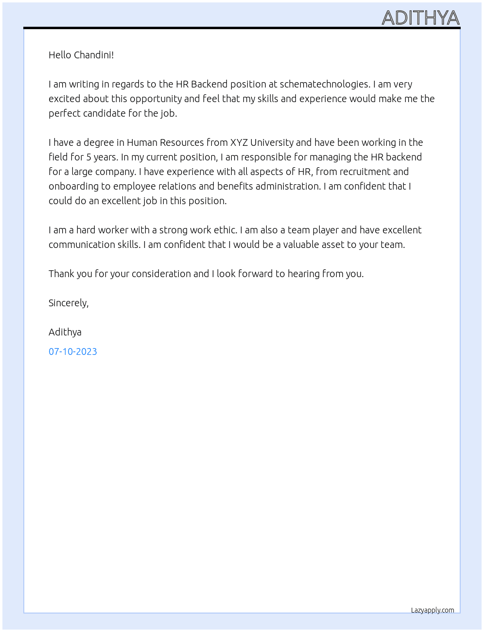 HR Backend At schematechnologies Cover Letter