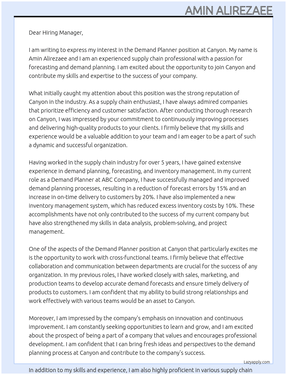 Demand planner At Canyon Cover Letter
