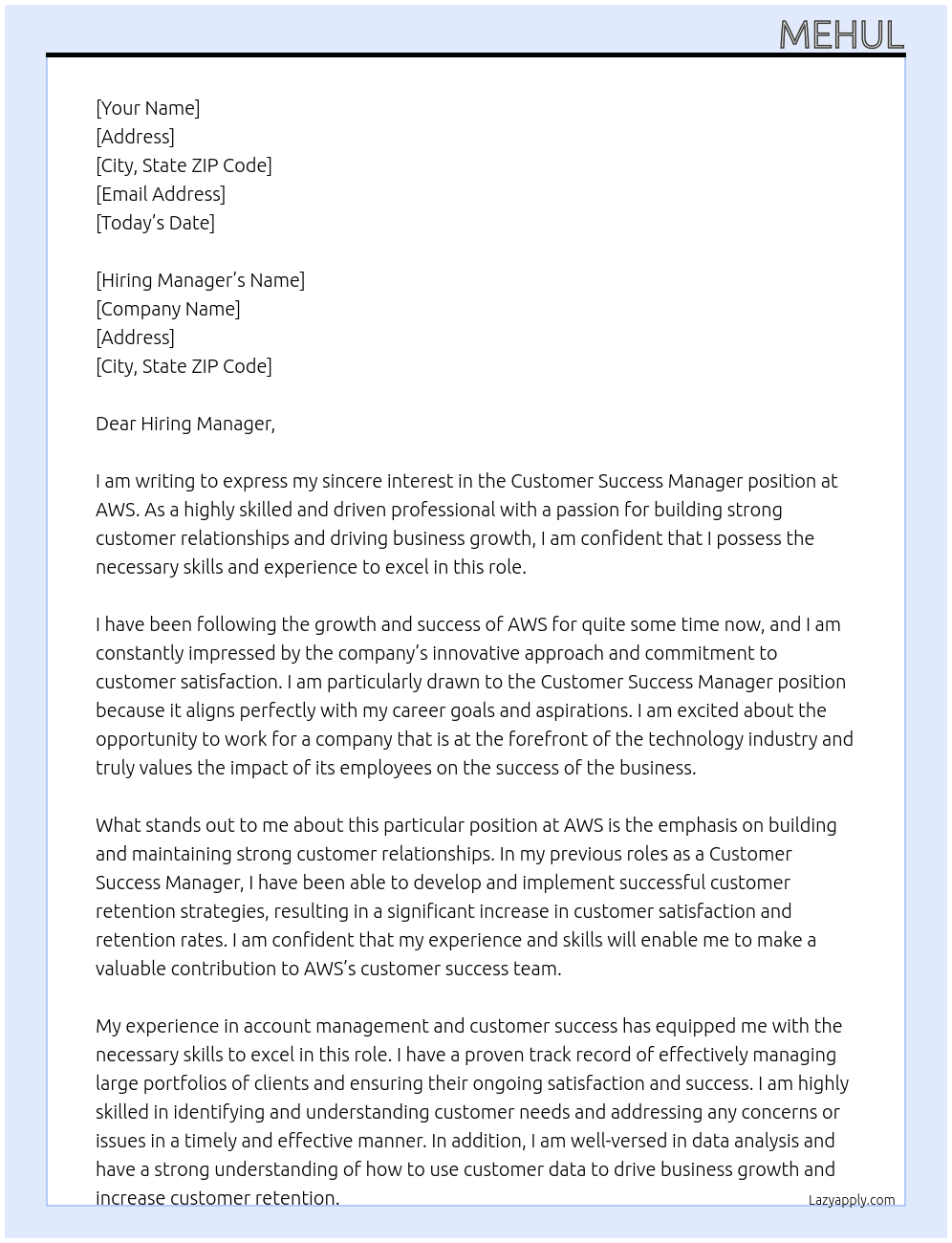 Customer Success Manager At AWS Cover Letter