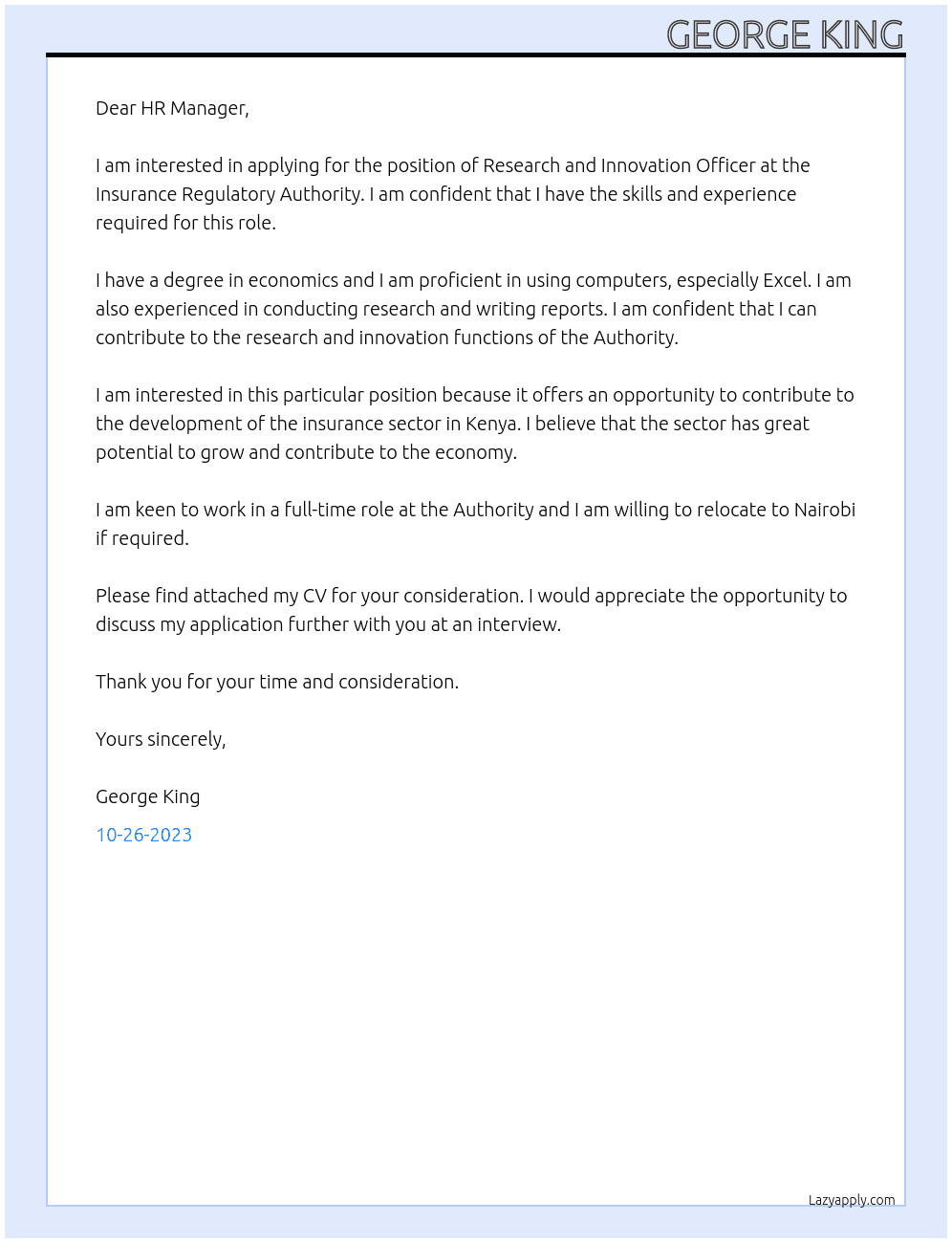 research and innovation officer At Insurance regulatory authority Cover Letter