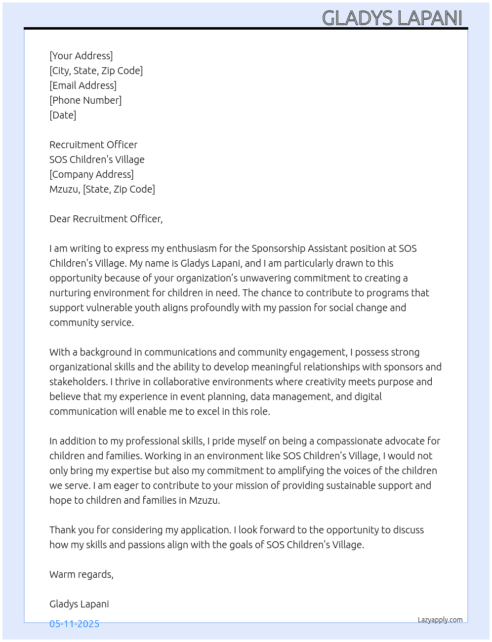 Sponsorship Assistant At SOS Children's Village Cover Letter