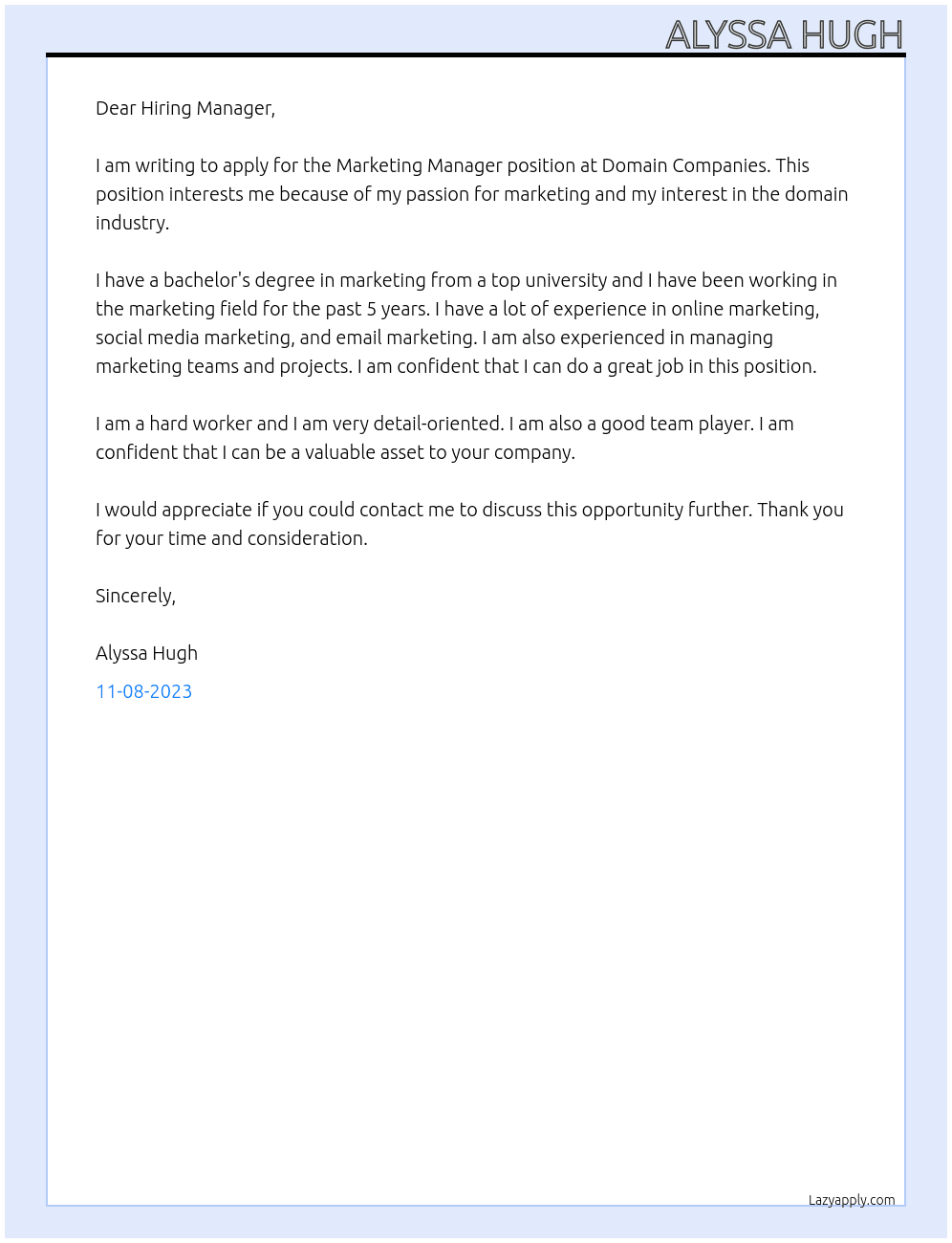 Marketing Manager At Domain Companies Cover Letter