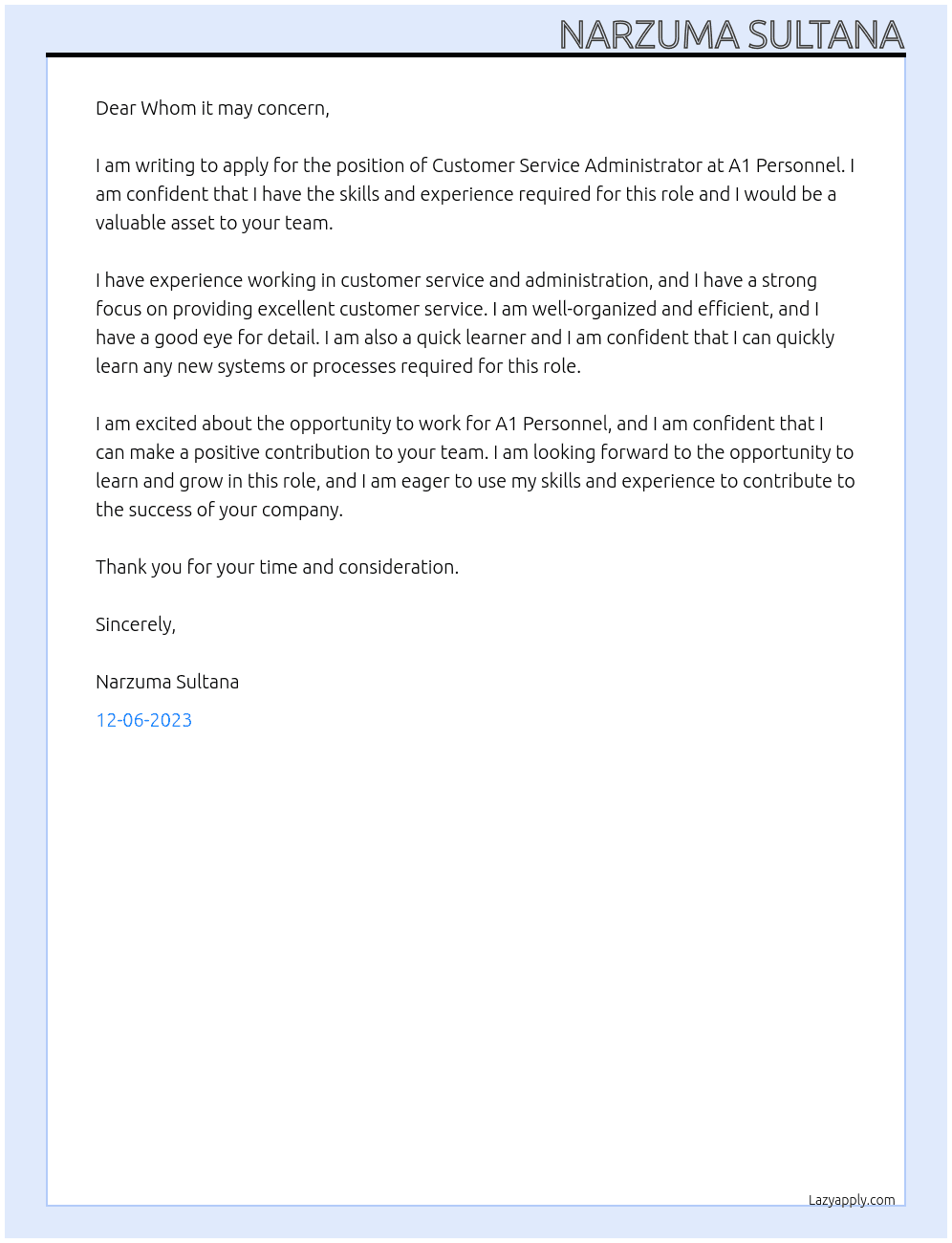 Customer service administrator  At A1 Personnel Cover Letter