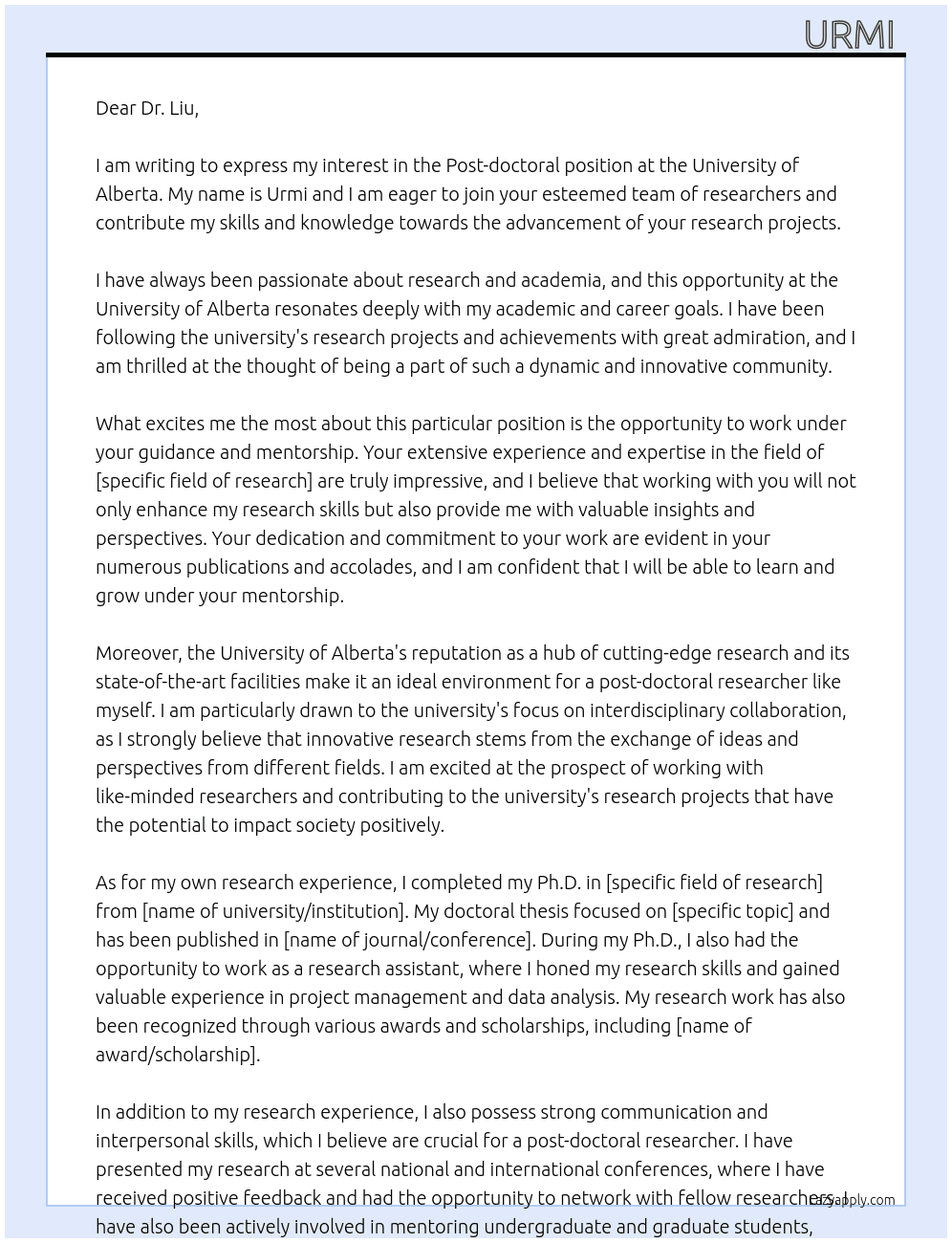 Post doctoral At University of Alberta Cover Letter