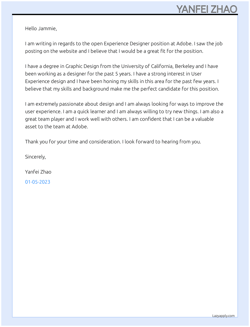 Cover letter for experience designer - LazyApply