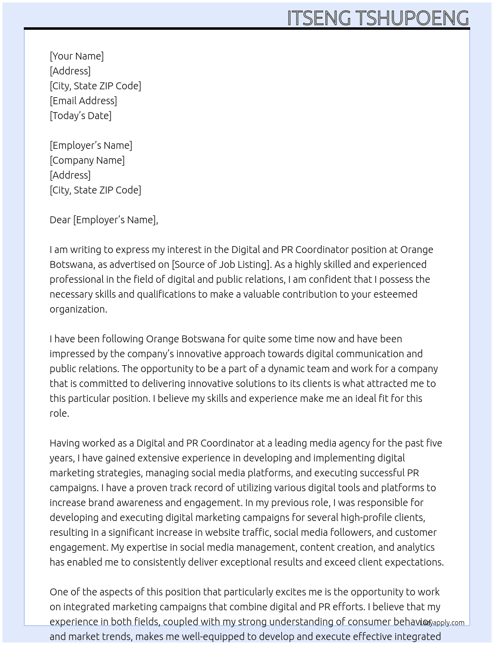 Digital and PR Coordinator At Orange Botswana Cover Letter