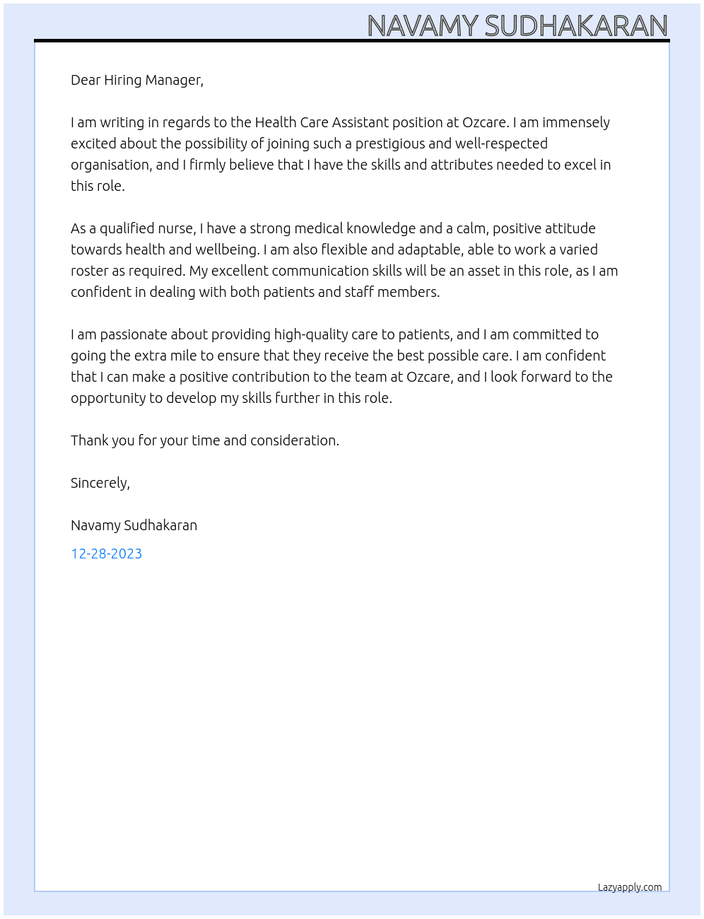 Health care Assistant At Ozcare Cover Letter