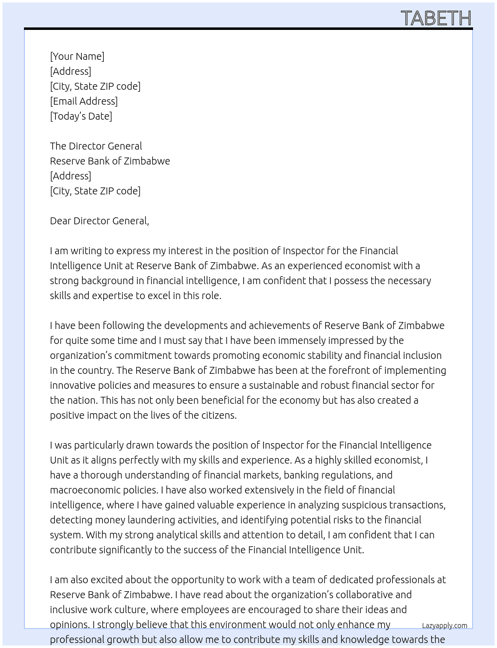 Inspector  Financial Intelligence Unit At Reserve Bank of Zimbabwe Cover Letter