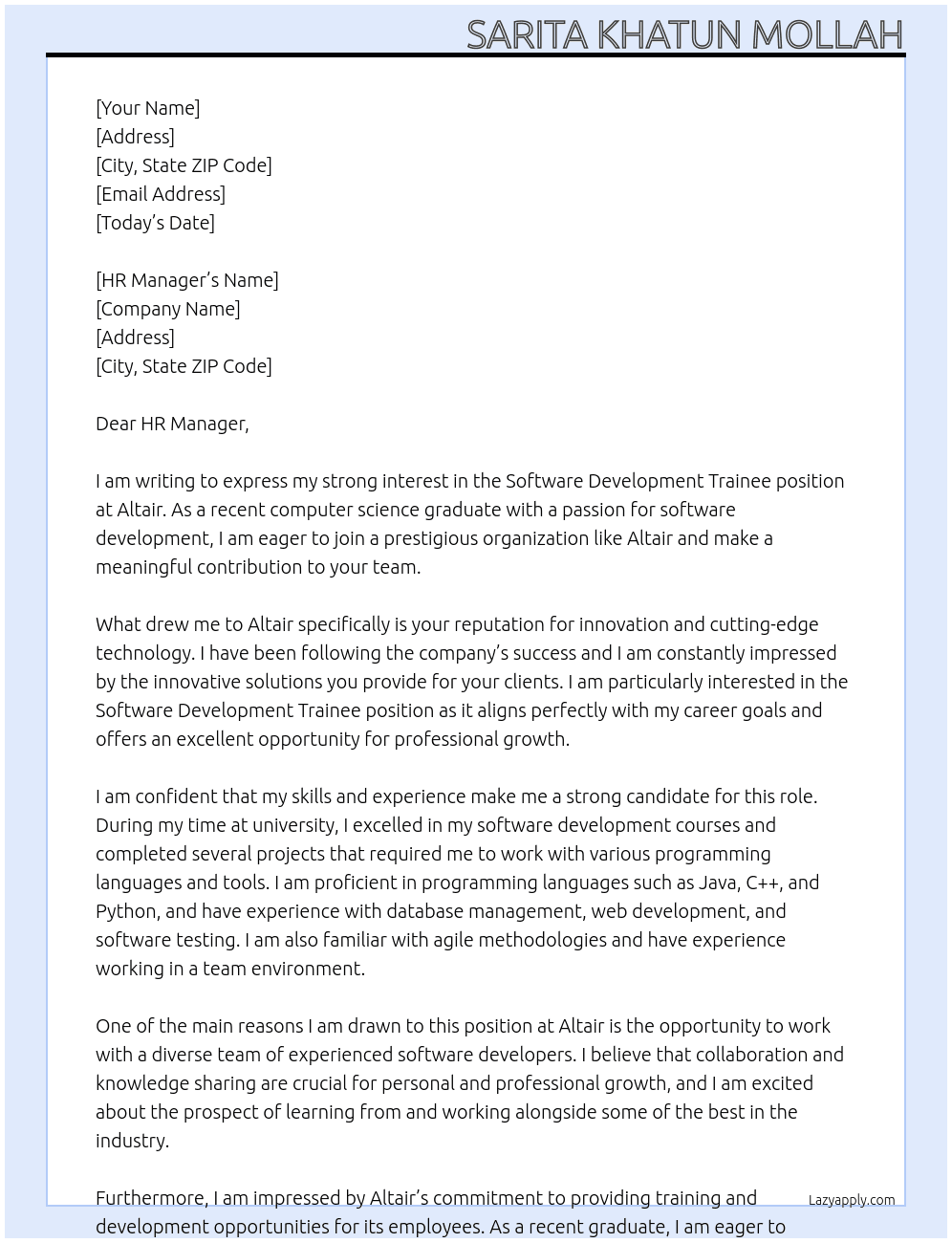 Software Development Trainee At Altair Cover Letter
