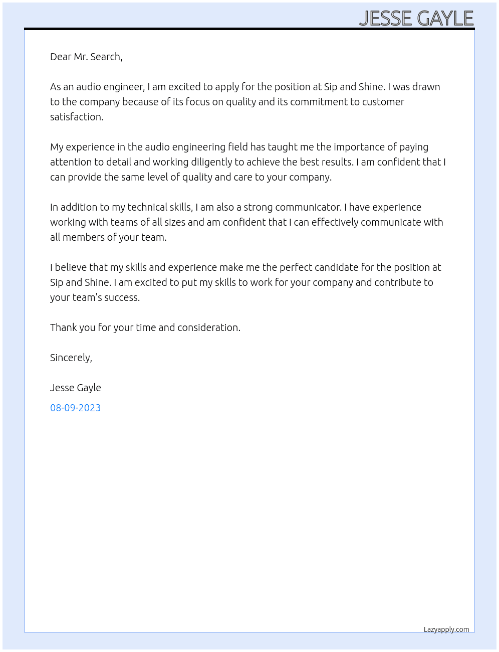 Audio Engineer At Sip and Shine Cover Letter