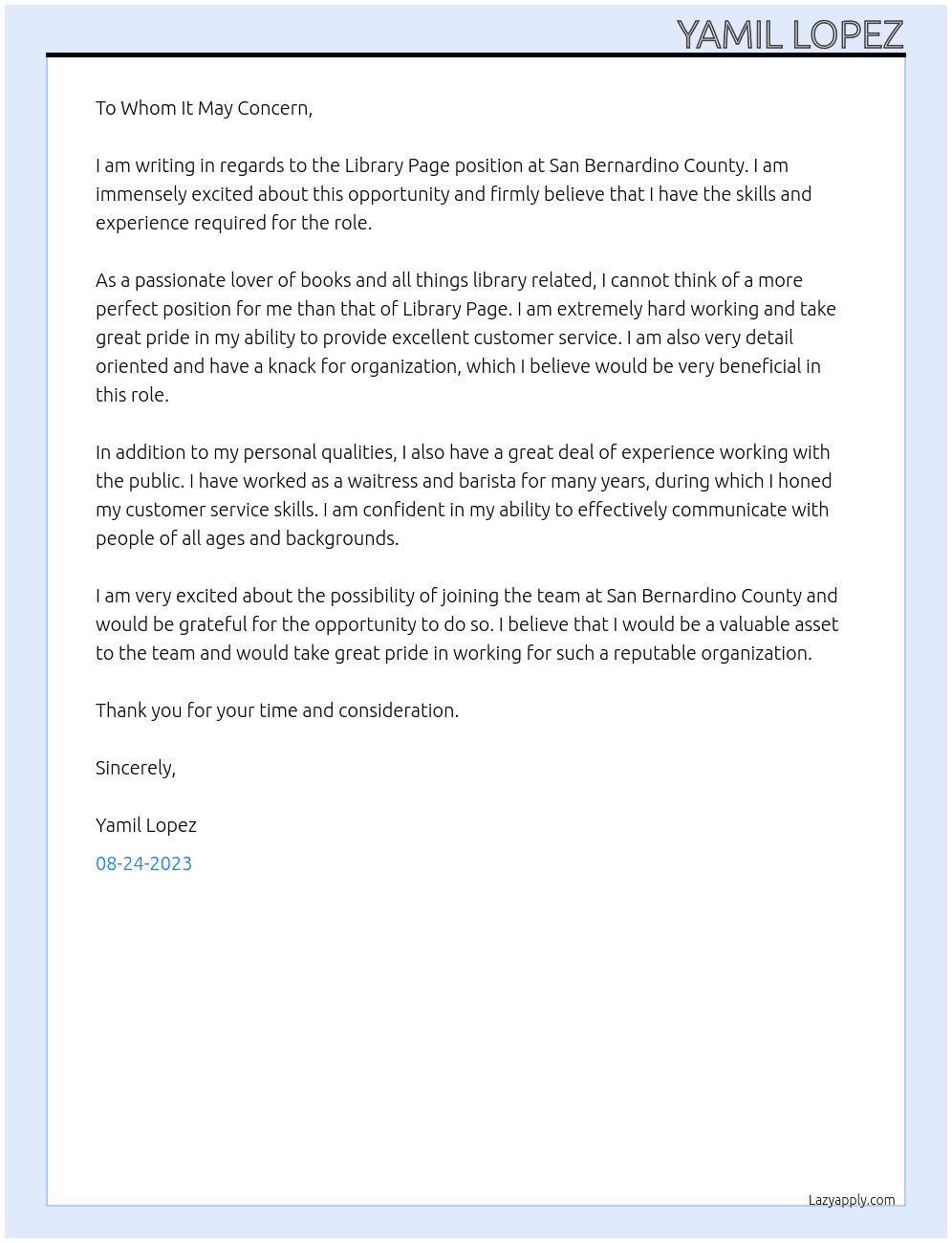 Cover letter for library page - LazyApply