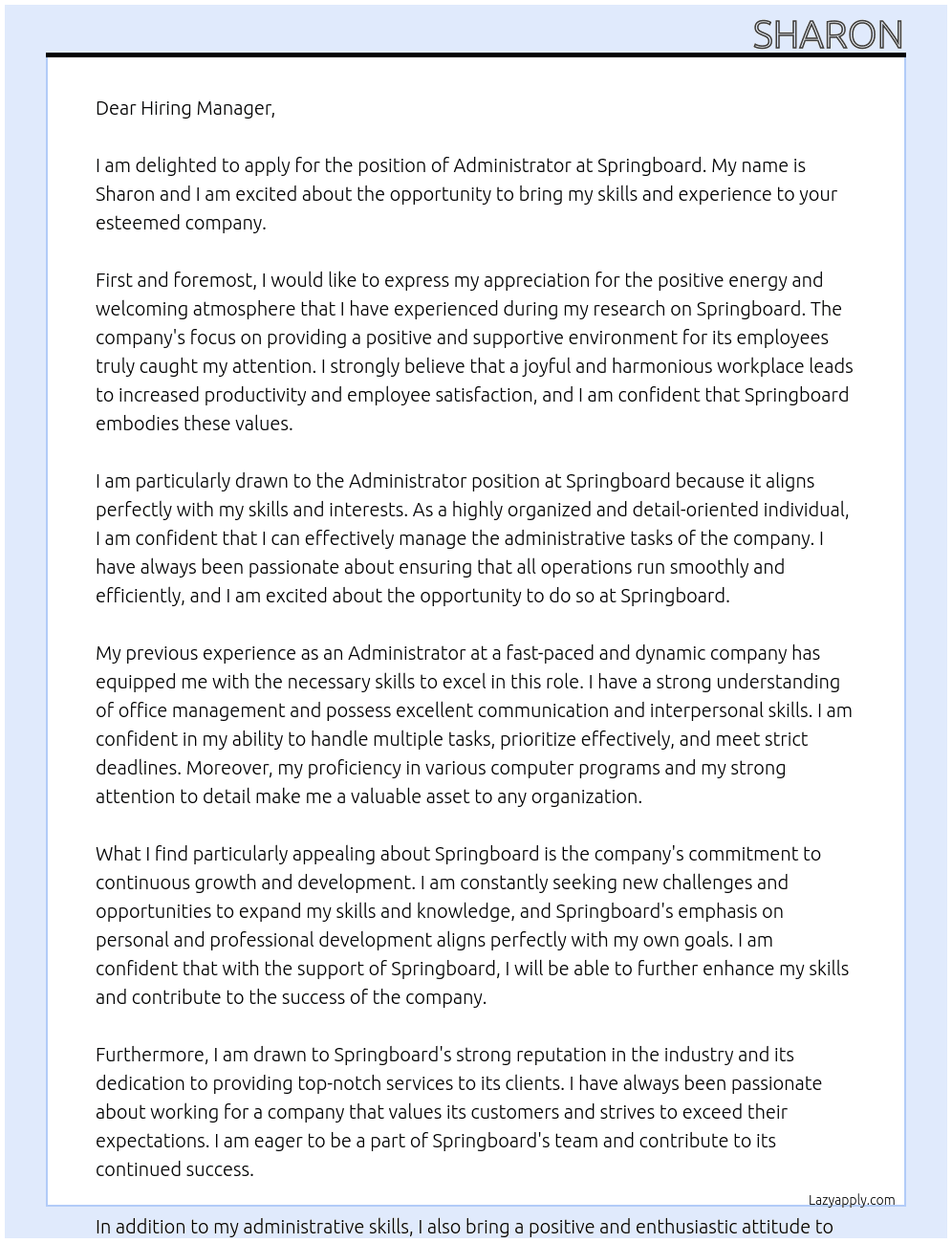 Administrotor At Springboard Cover Letter