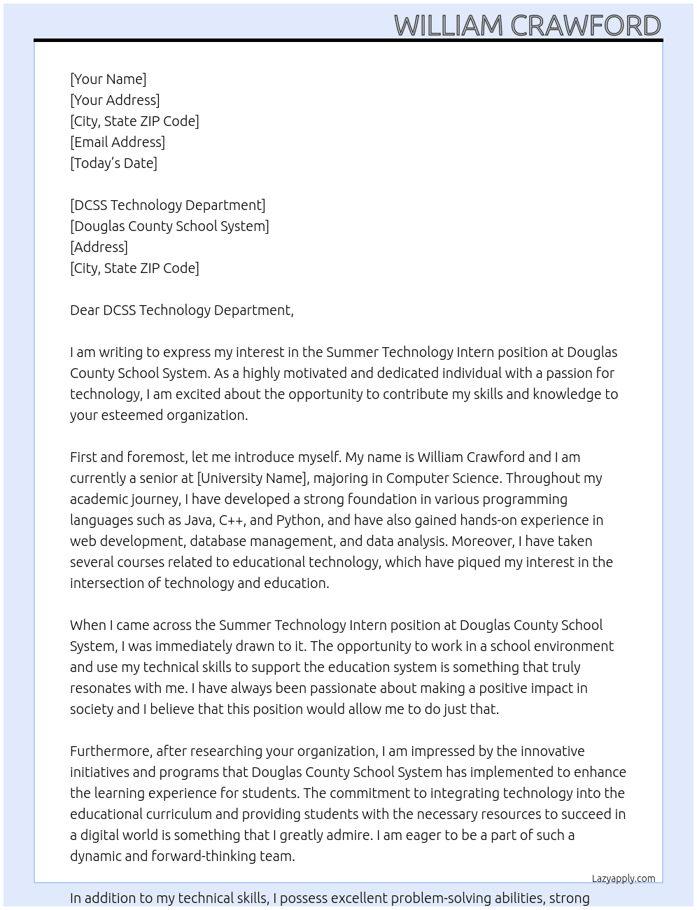 Summer Technology Intern At Douglas County School System Cover Letter