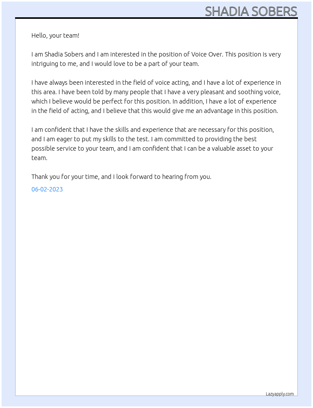 Voice Over At your team Cover Letter
