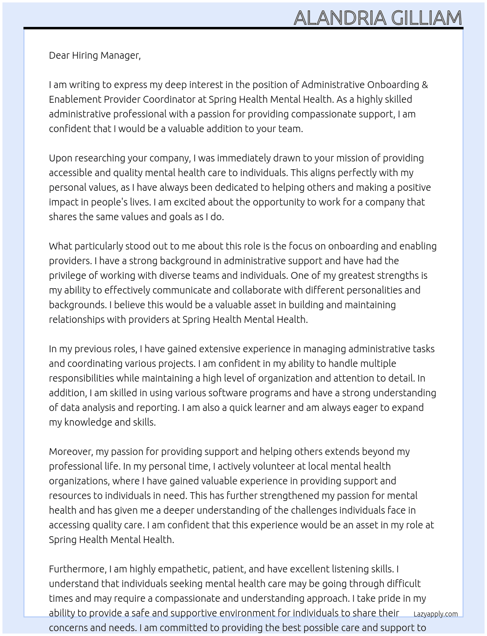 Administrative Onboarding & Enablement Provider Coordinator At Spring Health Mental Health Cover Letter
