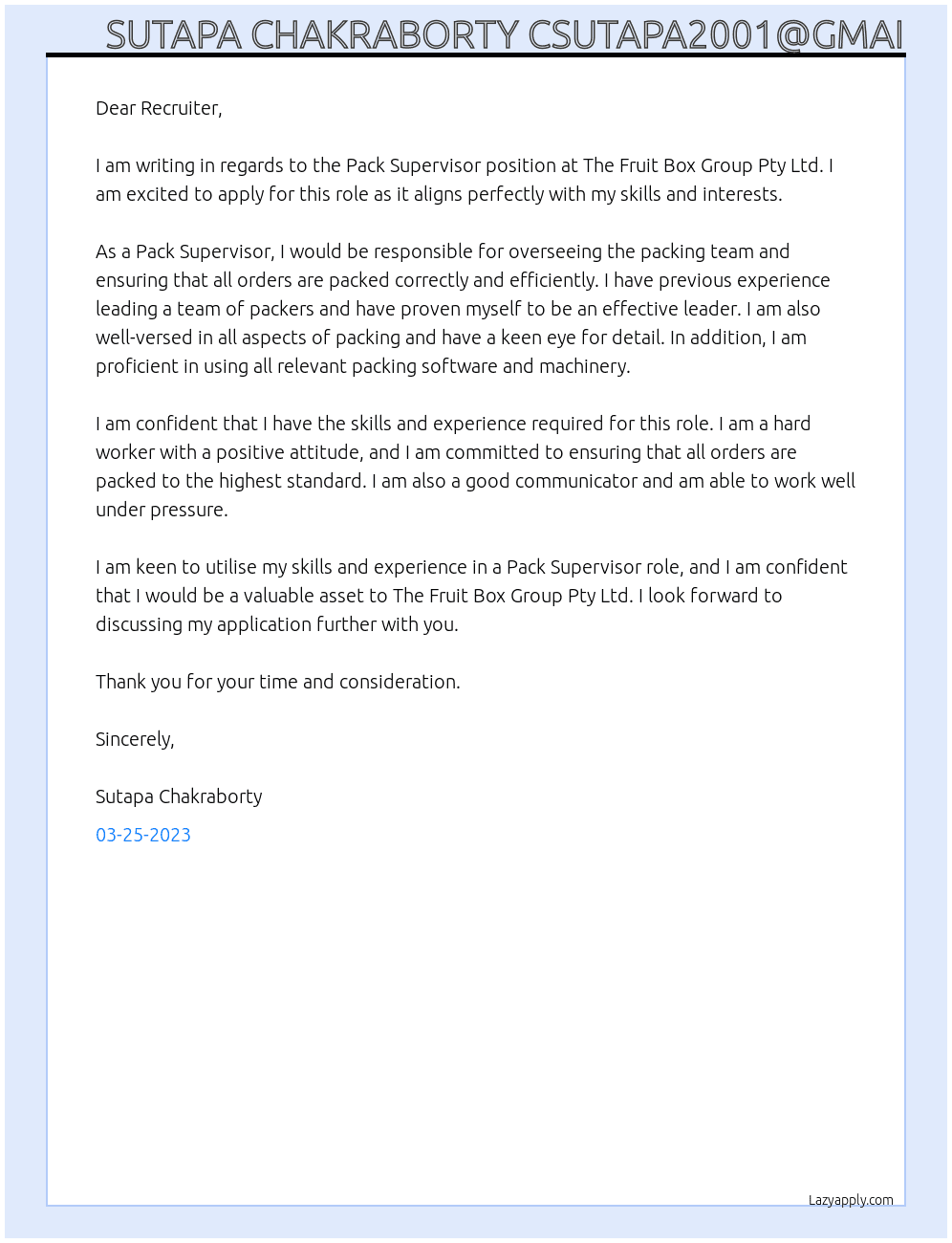  Pack Supervisor At The Fruit Box Group Pty Ltd Cover Letter