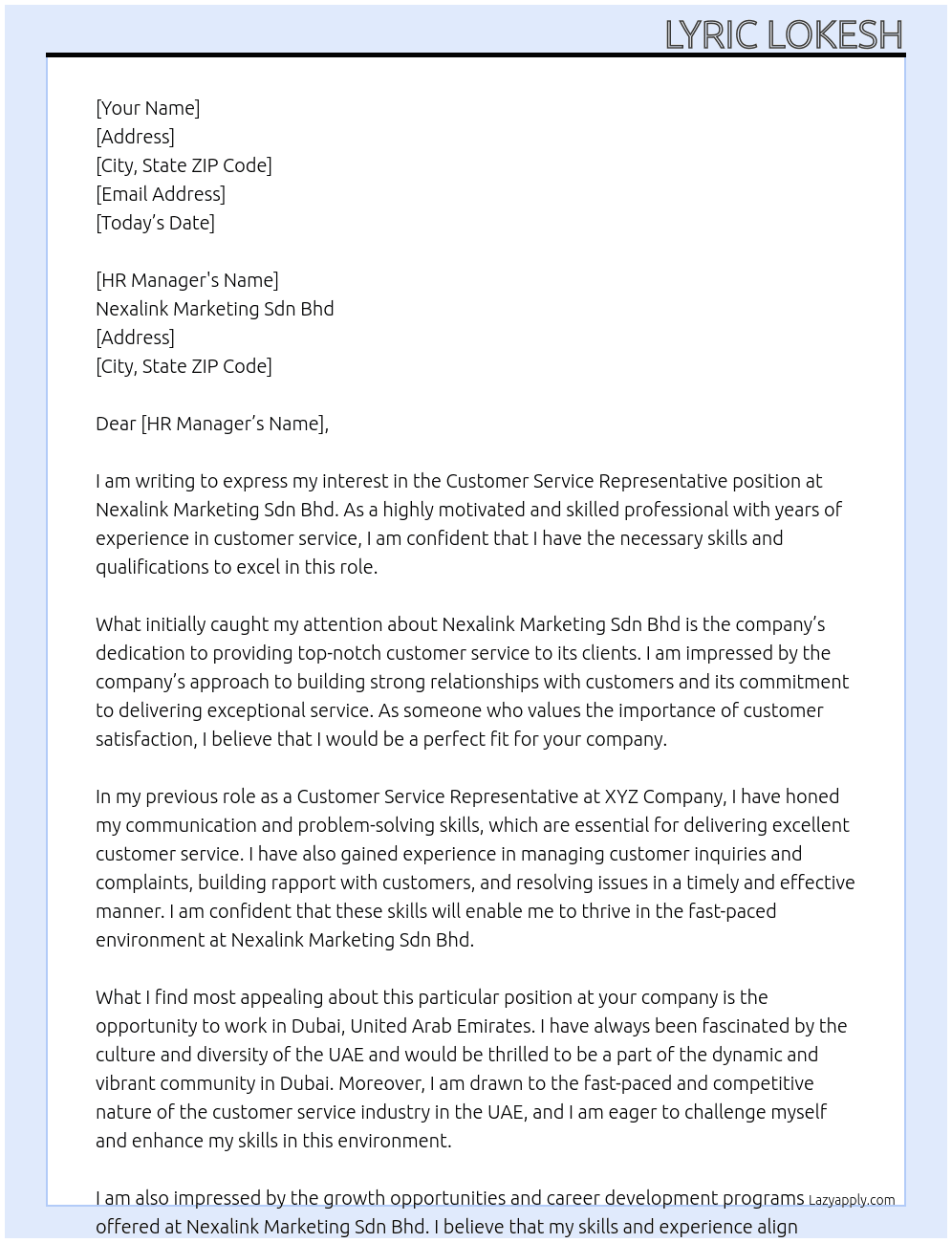 Customer Service Representative At Nexalink Marketing Sdn Bhd Cover Letter