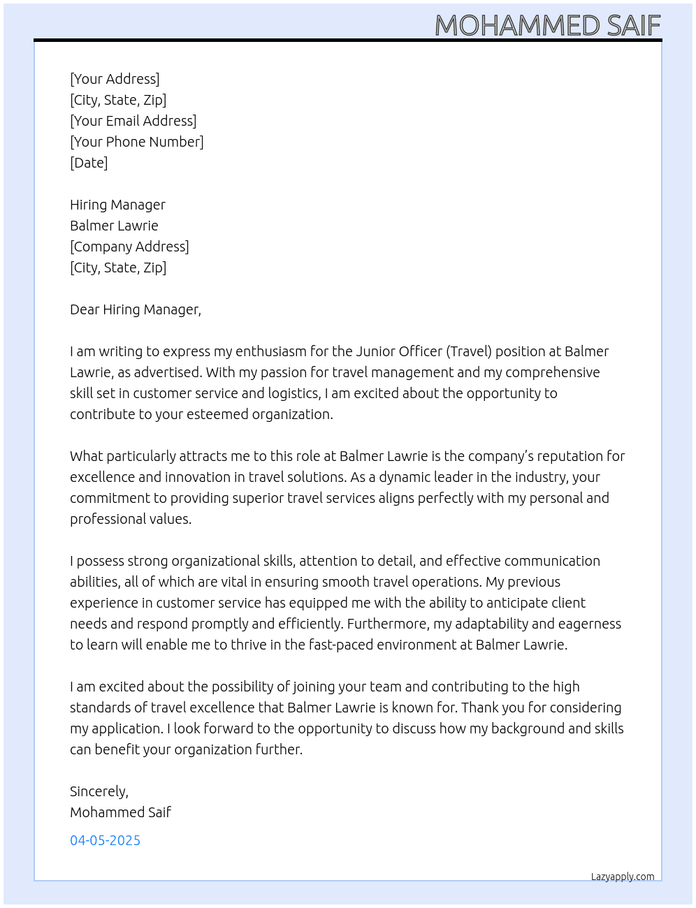 Junior Officer (Travel) At Balmer Lawri Cover Letter