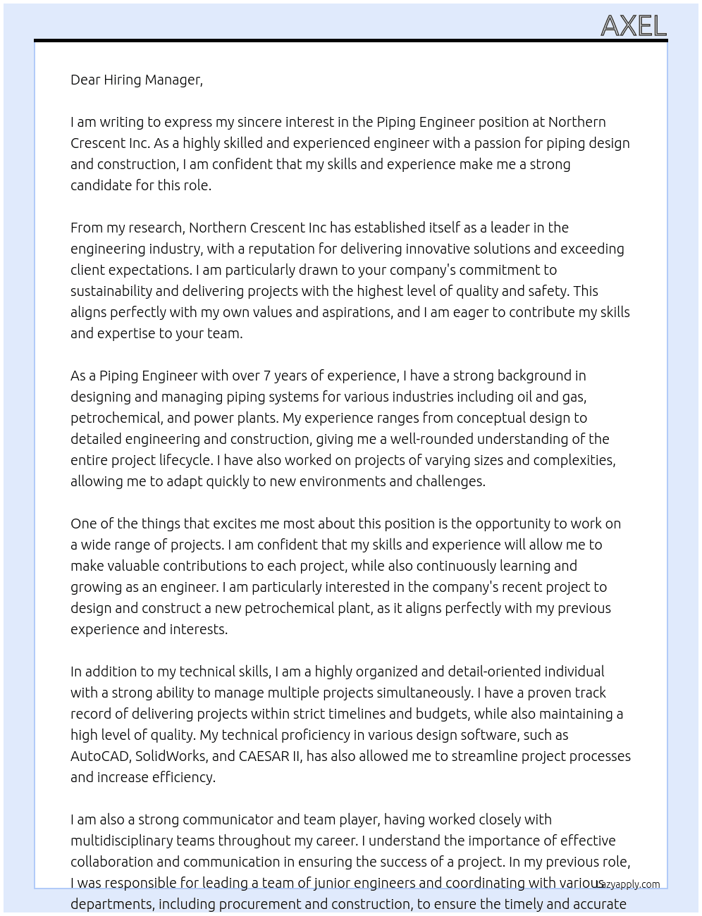 Piping Engineer At Northern Crescent Inc Cover Letter