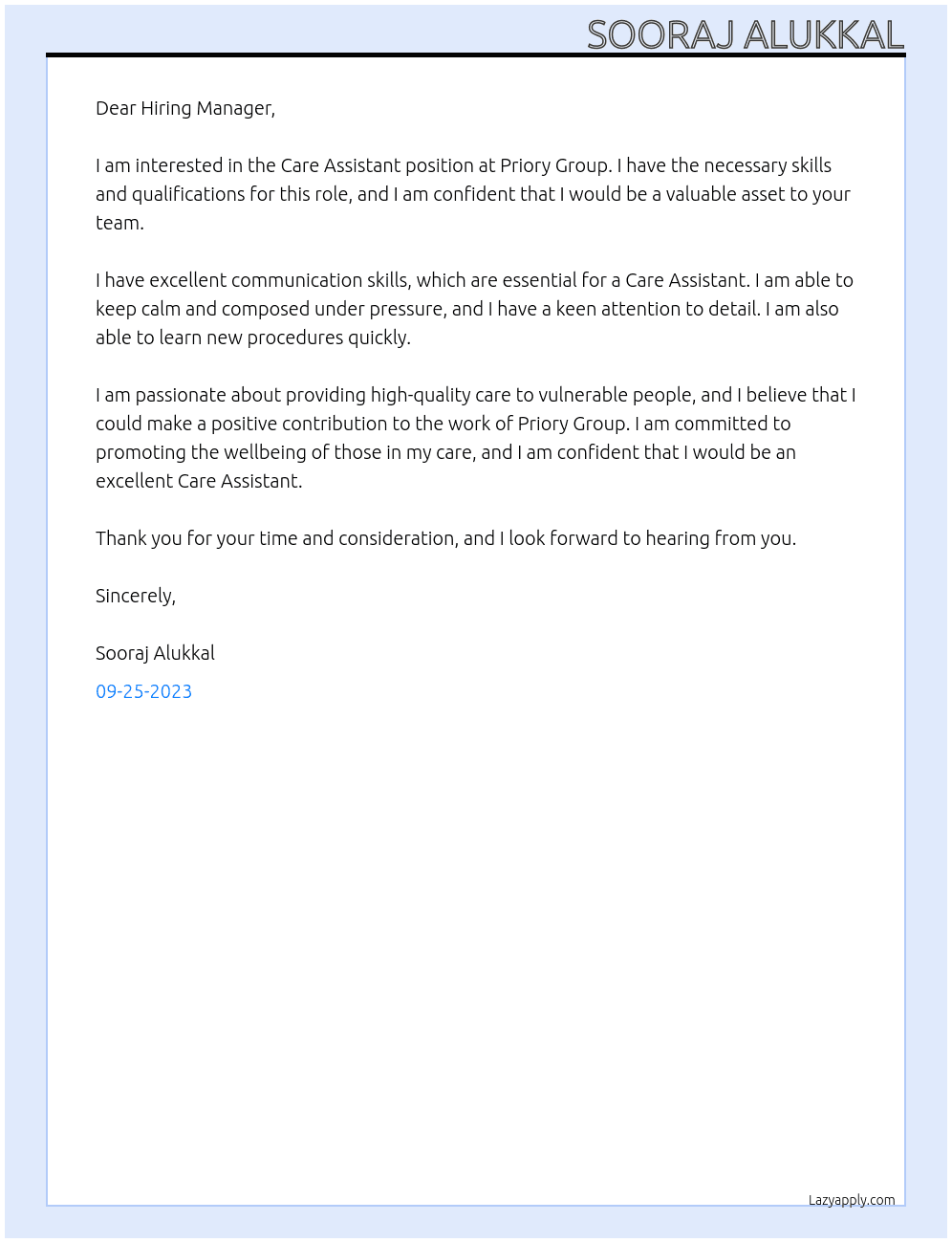 Care Assistant At Priory Group Cover Letter