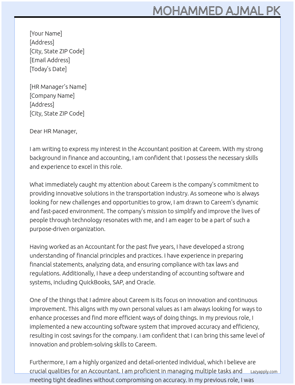 ACCOUNTANT At Careem Cover Letter