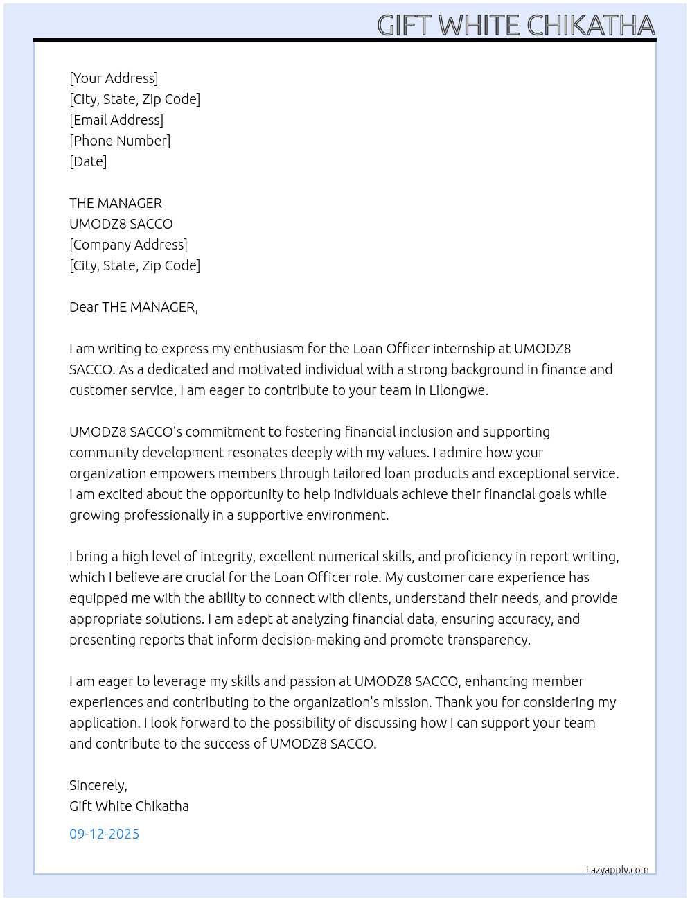 INTERNSHIP At UMODZ8 SACCO Cover Letter